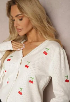 Biały Kardigan Ozdobiony Haftem w Kształcie Wisienek Nirinia
