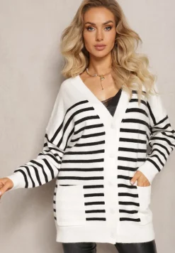 Biały Kardigan w Paski o Wydłużonym Fasonie z Dekoltem V Zapinany na Guziki Ravime
