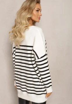 Biały Kardigan w Paski o Wydłużonym Fasonie z Dekoltem V Zapinany na Guziki Ravime