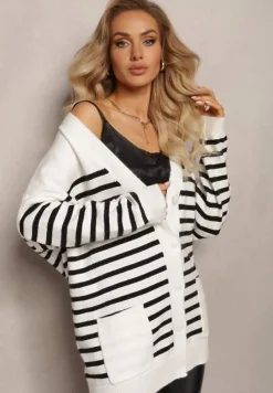 Biały Kardigan w Paski o Wydłużonym Fasonie z Dekoltem V Zapinany na Guziki Ravime