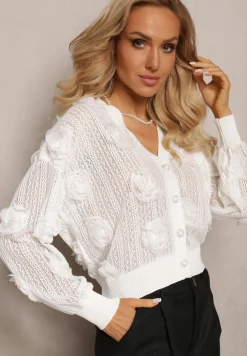 Biały Kardigan z Ażurowym Zdobieniem w Kwiaty Barimona