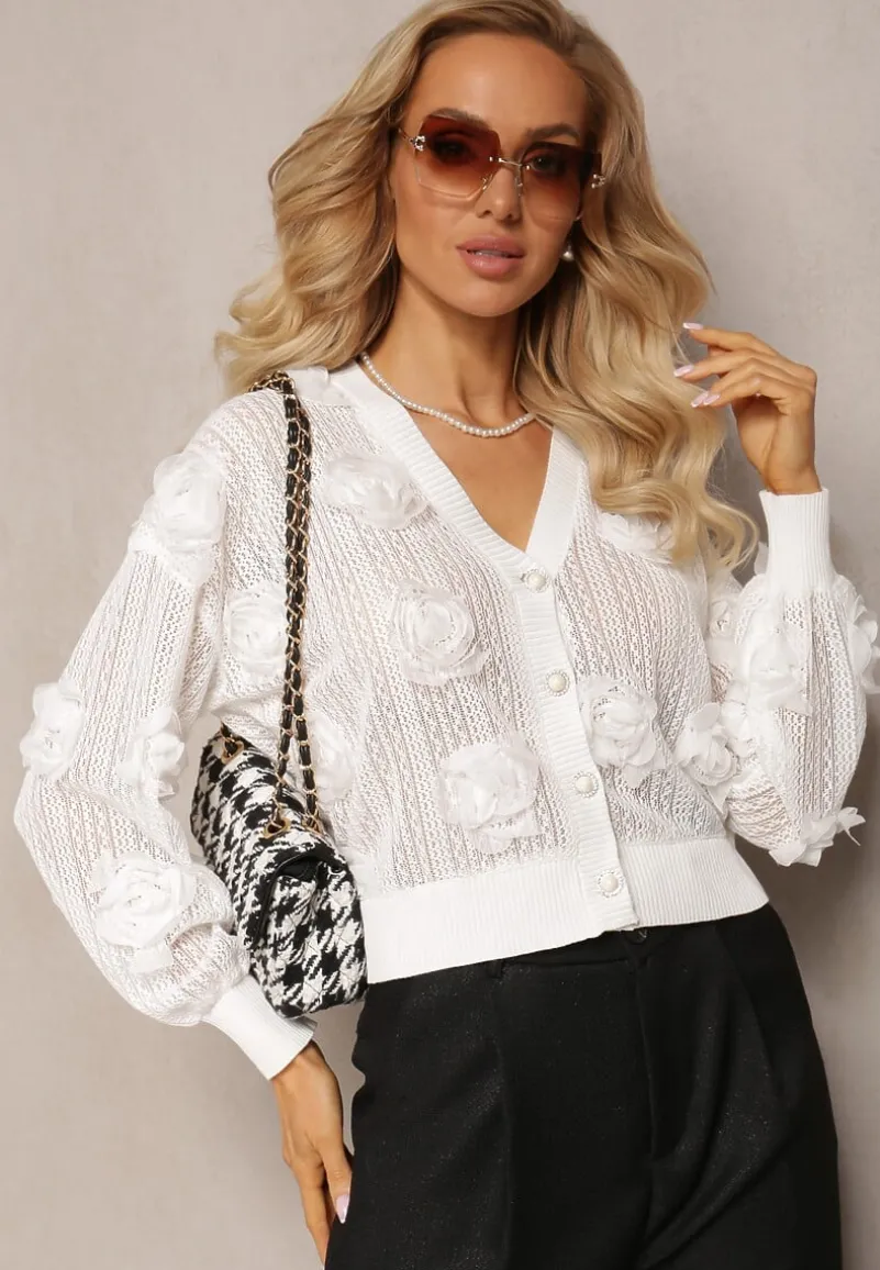 Biały Kardigan z Ażurowym Zdobieniem w Kwiaty Barimona