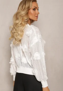 Biały Kardigan z Ażurowym Zdobieniem w Kwiaty Barimona