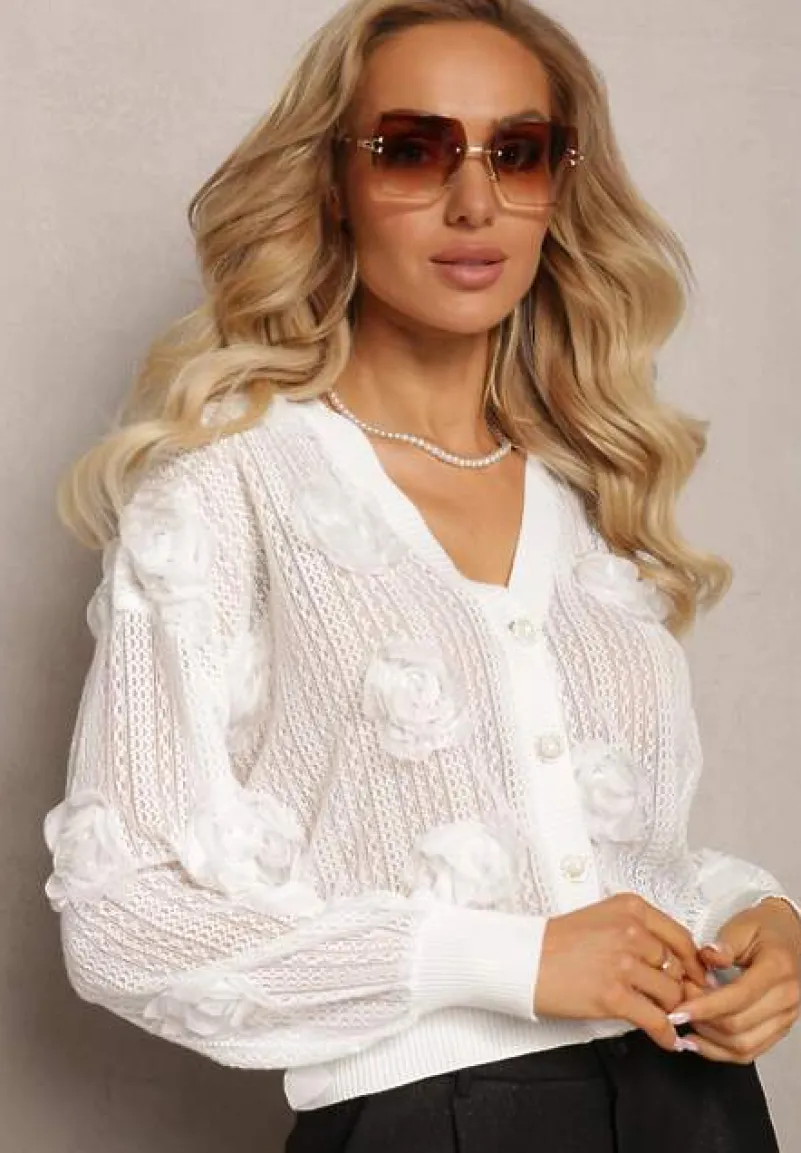 Biały Kardigan z Ażurowym Zdobieniem w Kwiaty Barimona