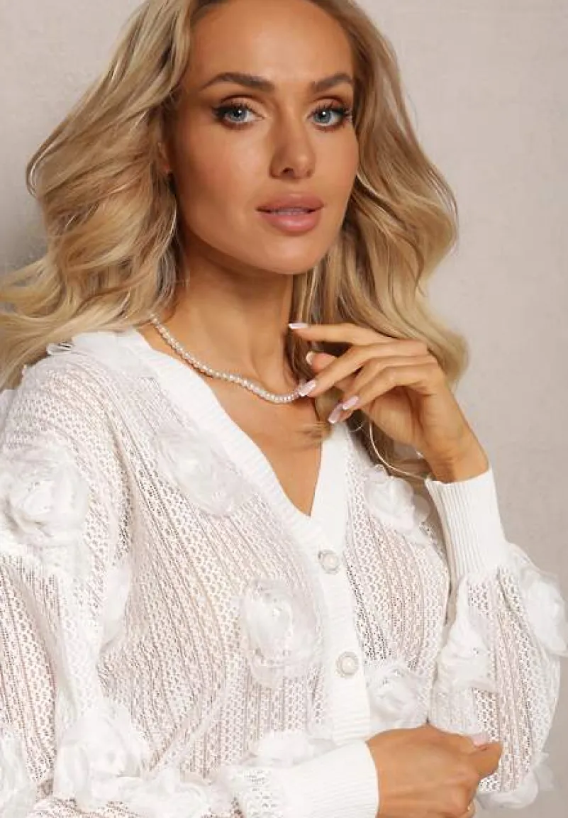 Biały Kardigan z Ażurowym Zdobieniem w Kwiaty Barimona
