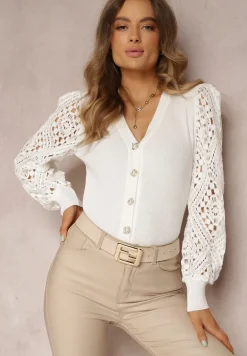 Biały Kardigan z Ażurowymi Rękawami Leiri