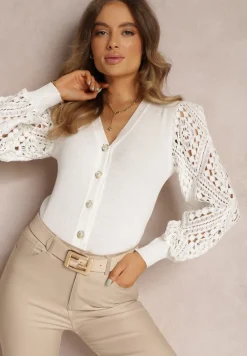 Biały Kardigan z Ażurowymi Rękawami Leiri