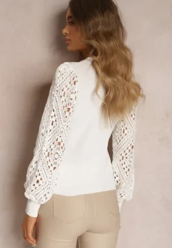 Biały Kardigan z Ażurowymi Rękawami Leiri