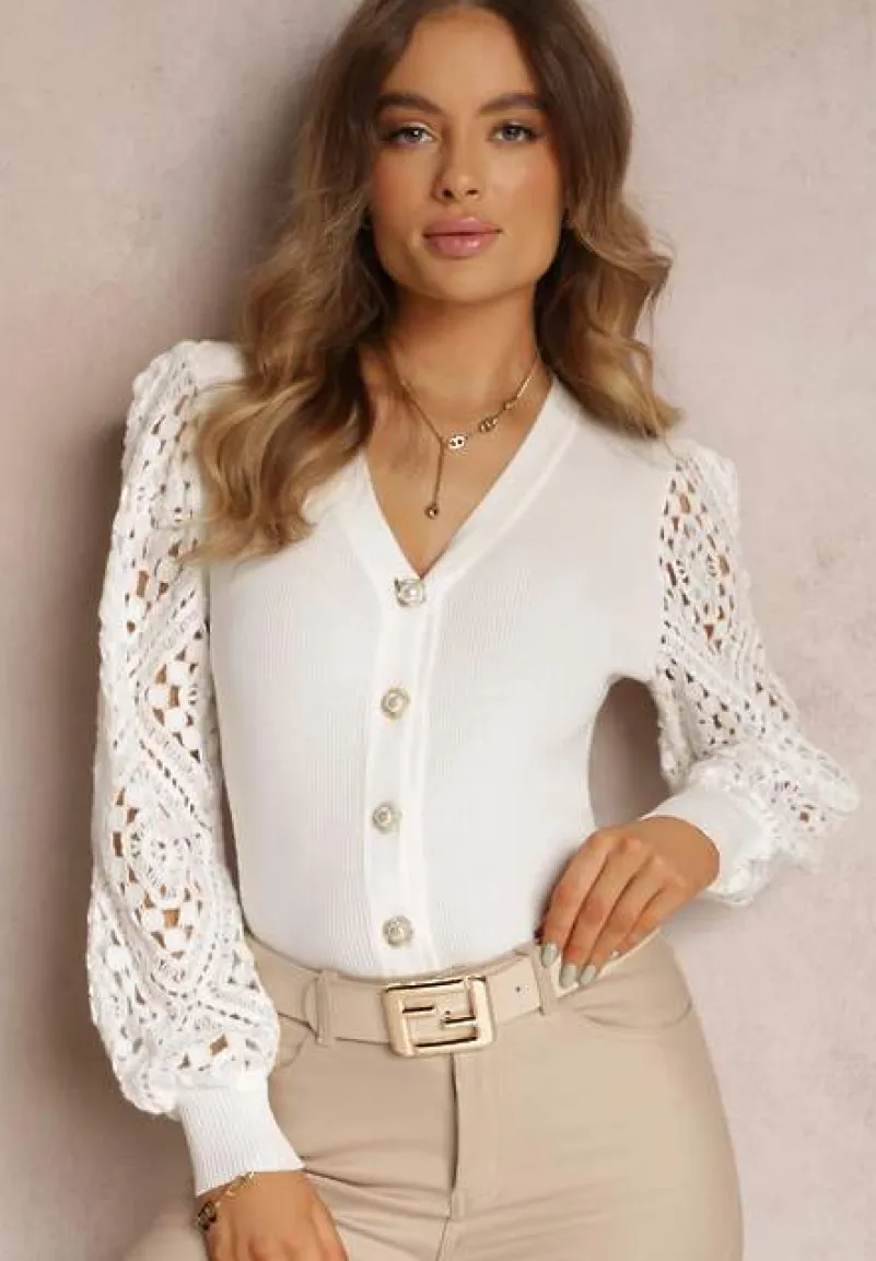 Biały Kardigan z Ażurowymi Rękawami Leiri