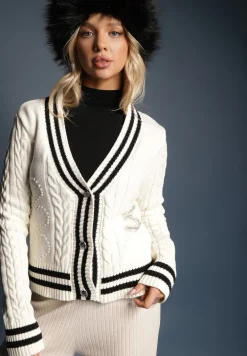 Biały Kardigan z Bawełną Cyrkoniami Paskami i Perełkami Liathea