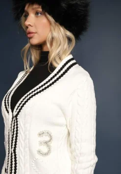 Biały Kardigan z Bawełną Cyrkoniami Paskami i Perełkami Liathea