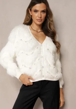 Biały Kardigan z Dłuższym Włosiem w Perły i Cyrkonie Aretina