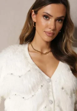 Biały Kardigan z Dłuższym Włosiem w Perły i Cyrkonie Aretina