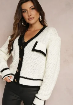 Biały Kardigan z Dzianiny z Ozdobną Lamówką i Guzikami Amesta