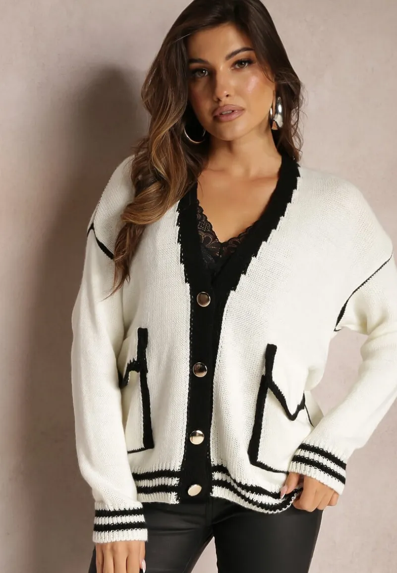 Biały Kardigan z Metalicznymi Guzikami i Ozdobnymi Lamówkami Abovza