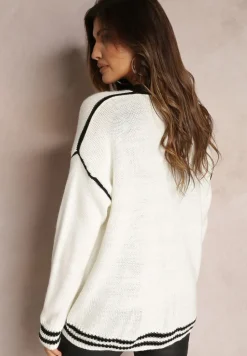 Biały Kardigan z Metalicznymi Guzikami i Ozdobnymi Lamówkami Abovza