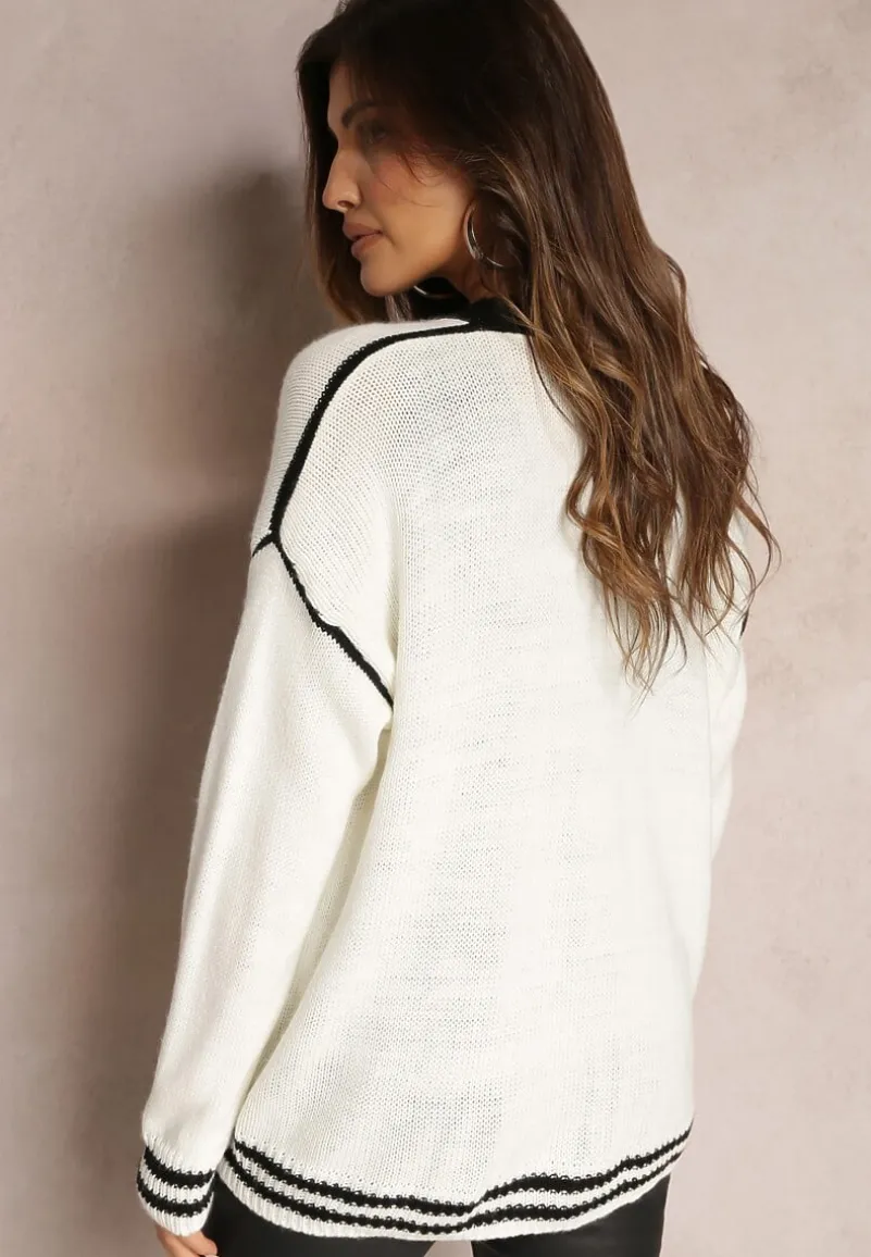 Biały Kardigan z Metalicznymi Guzikami i Ozdobnymi Lamówkami Abovza