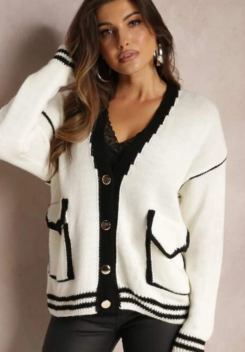 Biały Kardigan z Metalicznymi Guzikami i Ozdobnymi Lamówkami Abovza