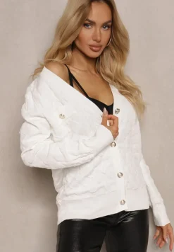 Biały Kardigan z Ozdobnymi Guzikami i Ściągaczami Zymira