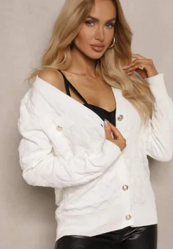 Biały Kardigan z Ozdobnymi Guzikami i Ściągaczami Zymira