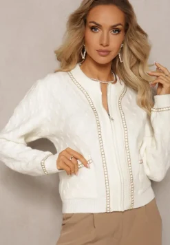 Biały Kardigan z Tłoczonej Wiskozy z Metalicznym Obszyciem Vervezio