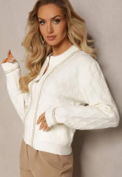 Biały Kardigan z Tłoczonej Wiskozy z Metalicznym Obszyciem Vervezio