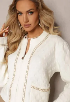 Biały Kardigan z Tłoczonej Wiskozy z Metalicznym Obszyciem Vervezio