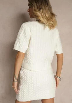 Biały Kardigan z Wełną i Ozdobnymi Guzikami i Tłoczeniem Halanira