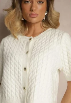 Biały Kardigan z Wełną i Ozdobnymi Guzikami i Tłoczeniem Halanira