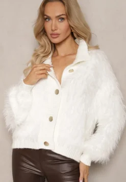 Biały Kardigan z Wełną Zapinany na Ozdobne Guziki ze Stójką i Puszystą Fakturą Zinavia