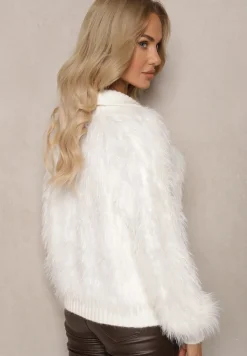 Biały Kardigan z Wełną Zapinany na Ozdobne Guziki ze Stójką i Puszystą Fakturą Zinavia