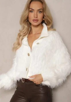 Biały Kardigan z Wełną Zapinany na Ozdobne Guziki ze Stójką i Puszystą Fakturą Zinavia