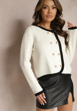 Biały Kardigan z Wiskozowej Dzianiny w Stylu Retro Litare