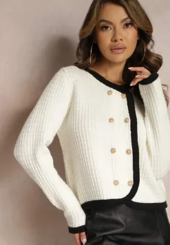 Biały Kardigan z Wiskozowej Dzianiny w Stylu Retro Litare