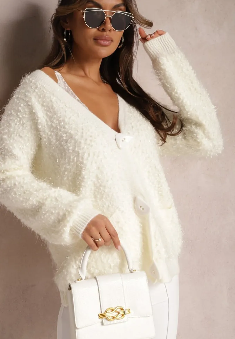 Biały Kardigan z Wiskozy Ozdobiony Guzikami i Metaliczną Nicią Greoma