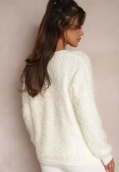 Biały Kardigan z Wiskozy Ozdobiony Guzikami i Metaliczną Nicią Greoma