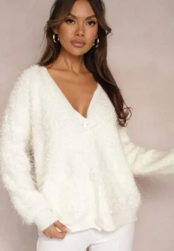 Biały Kardigan z Wiskozy Ozdobiony Guzikami i Metaliczną Nicią Greoma