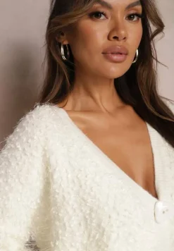 Biały Kardigan z Wiskozy Ozdobiony Guzikami i Metaliczną Nicią Greoma