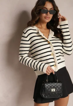 Biały Kardigan z Wiskozy w Paski z Ozdobnymi Guzikami i Imitacją Kieszeni Zaffina