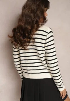 Biały Kardigan z Wiskozy w Paski z Ozdobnymi Guzikami i Imitacją Kieszeni Zaffina