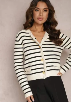 Biały Kardigan z Wiskozy w Paski z Ozdobnymi Guzikami i Imitacją Kieszeni Zaffina