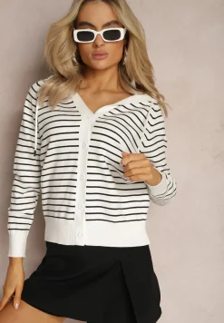 Biały Kardigan z Wiskozy w Paski z Kapturem i Guzikami Oevira