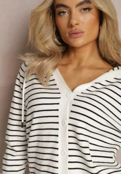 Biały Kardigan z Wiskozy w Paski z Kapturem i Guzikami Oevira