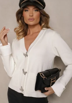 Biały Kardigan z Wiskozy Zdobiony Guzikami w Kształcie Motyli i Podwiniętymi Rękawami Tiredi