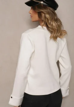 Biały Kardigan z Wiskozy Zdobiony Guzikami w Kształcie Motyli i Podwiniętymi Rękawami Tiredi