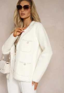 Biały Kardigan z Wiskozy z Metaliczną Nicią Keonna