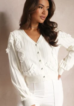 Biały Kardigan Zapinany z Ozdobnymi Falbankami Diselda