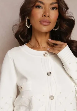 Biały Kardigan Zapinany z Perłami Kilfa