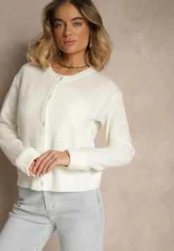 Biały Klasyczny Kardigan z Zaokrąglonym Dekoltem Reonira