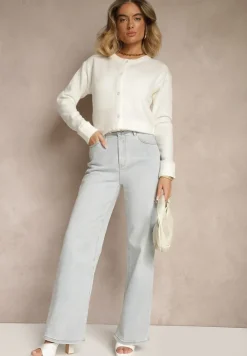 Biały Klasyczny Kardigan z Zaokrąglonym Dekoltem Reonira